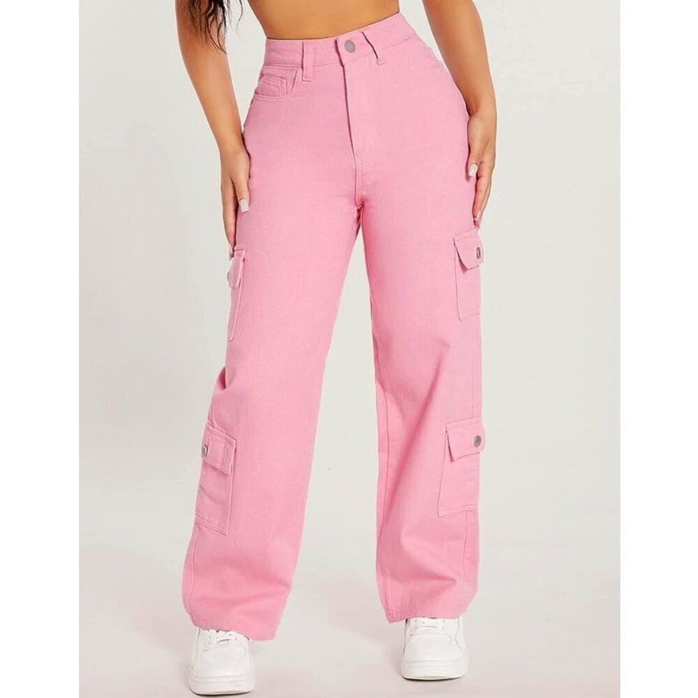 SHEIN Pink High-Waist Cargo Boyfriend Jeans